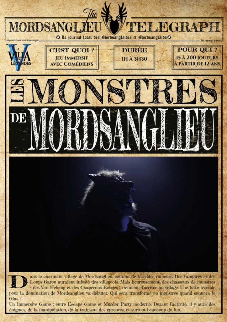 affiche du jeu immersif mordsanglieu avec un loup-garou sous forme de journal médiéval